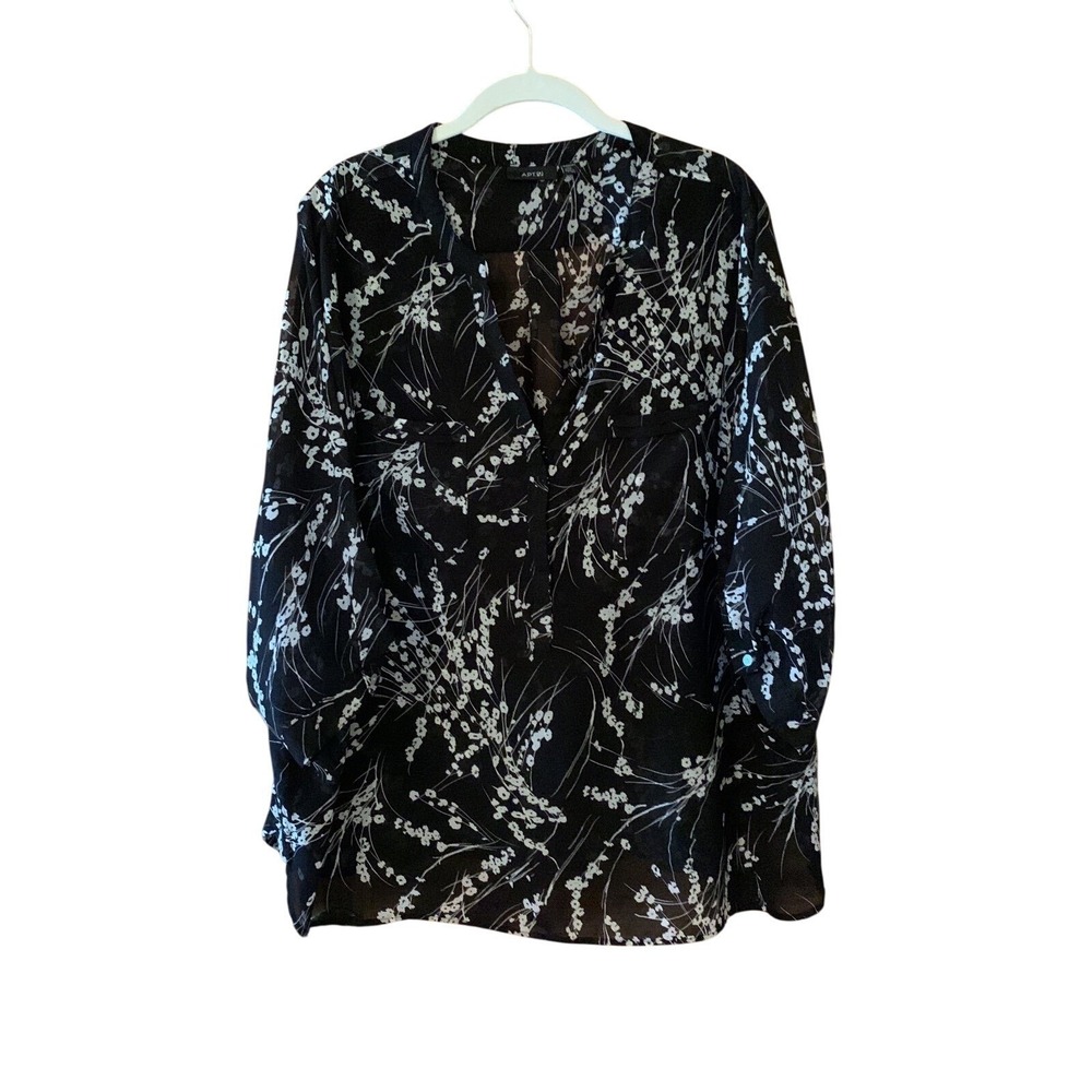 Apt 9β Women's 2X Black Floral Print Long Sleeve Sheer Tunic Top Blouse